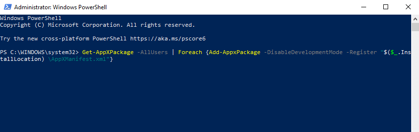 Tapez la commande pour utiliser la commande Powershell pour corriger le bouton Windows ne fonctionnant pas