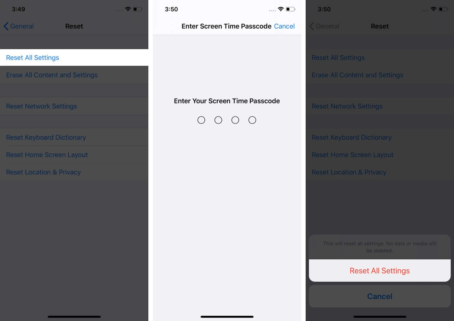 réinitialise tous les paramètres sur l'iPhone exécutant iOS 13