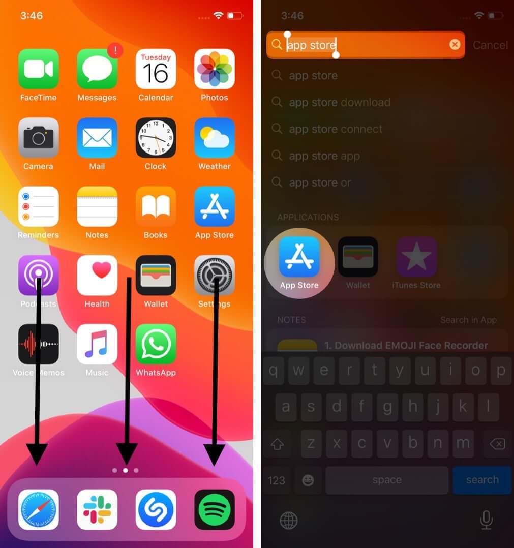 balayez l'écran d'accueil de l'iPhone vers le bas et recherchez l'app store