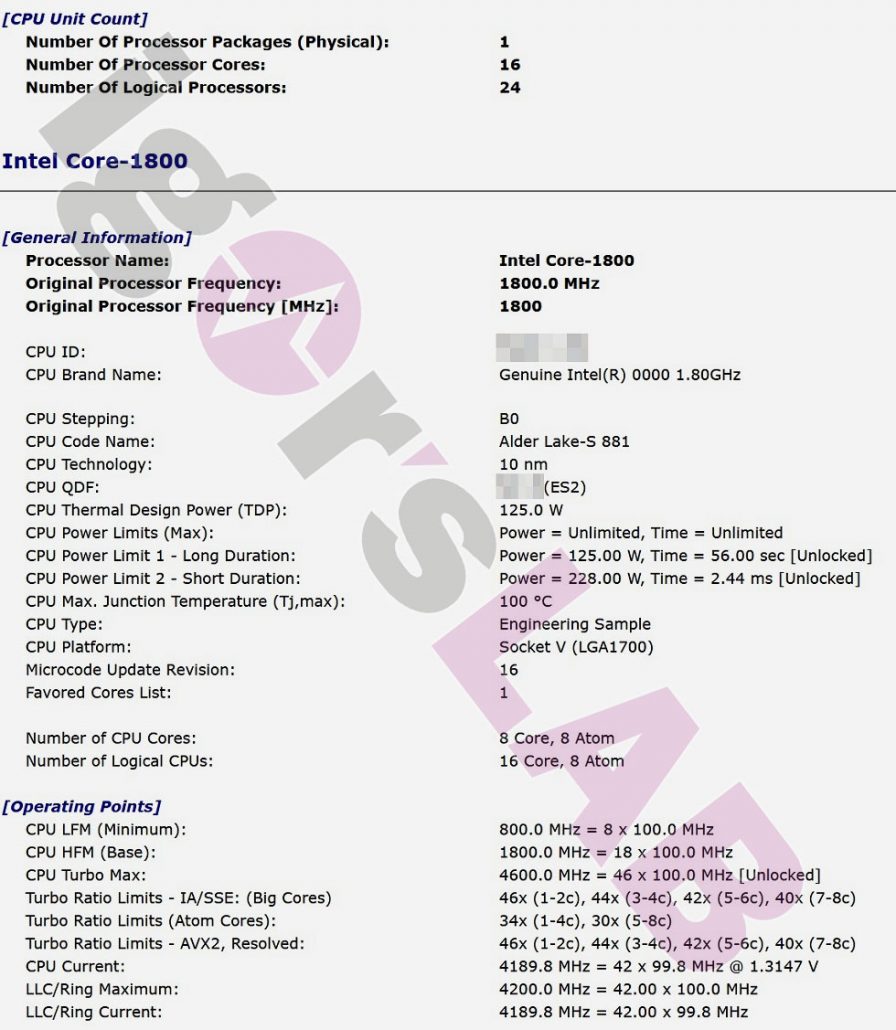 Intel Alder Lake-S ES Desktop CPU 12th Gen Specifications, Clocks & Power Limit Leak