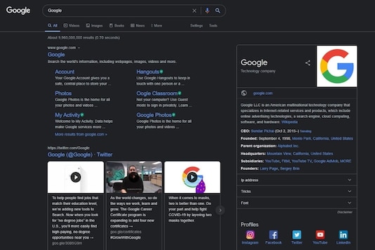 Recherche Google pour le mode sombre du bureau (Image: Twitter/@nima_owji) Recherche Google pour le mode sombre du bureau (Image: Twitter/@nima_owji)