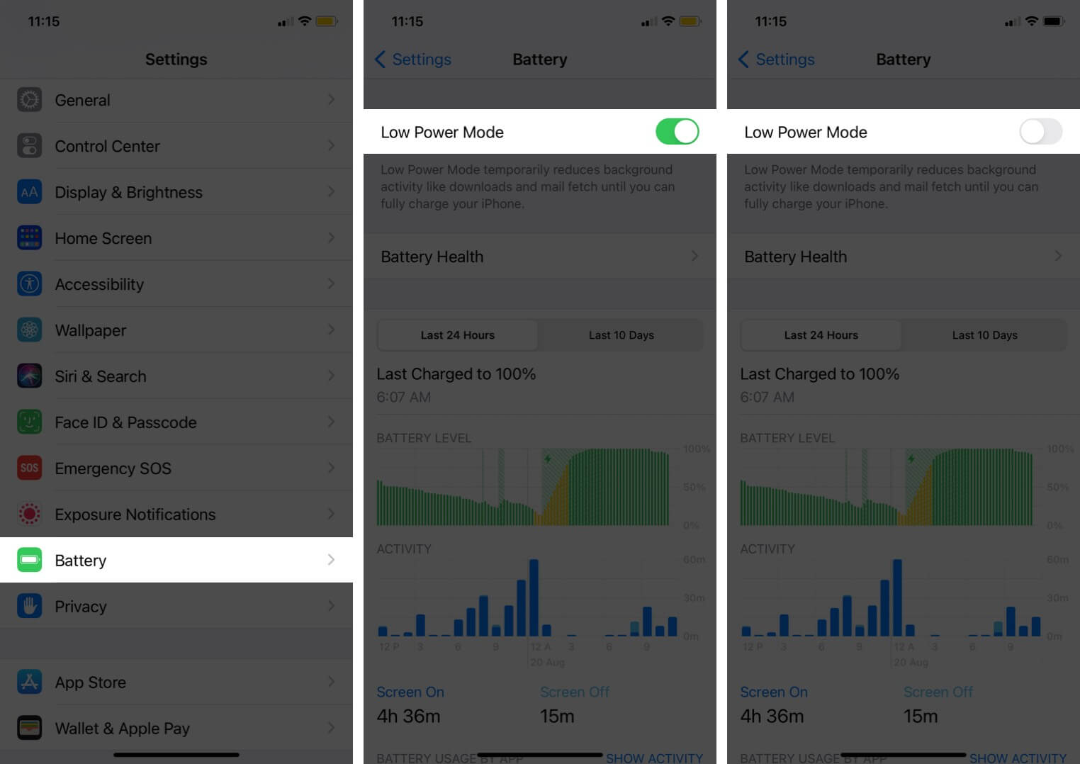 appuyez sur la batterie et désactivez le mode faible consommation dans les paramètres de l'iphone