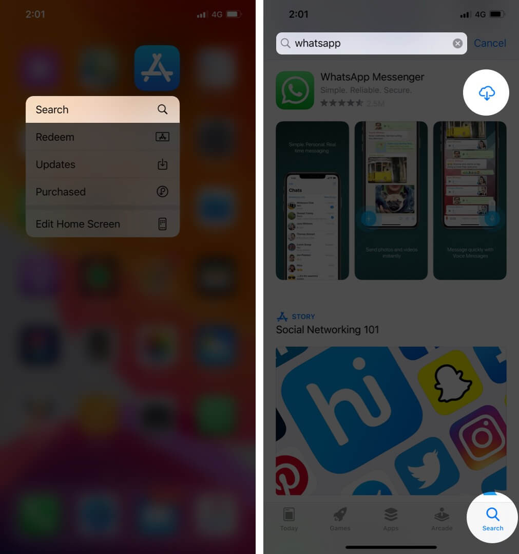 rechercher WhatsApp et appuyer sur télécharger pour réinstaller WhatsApp sur iphone