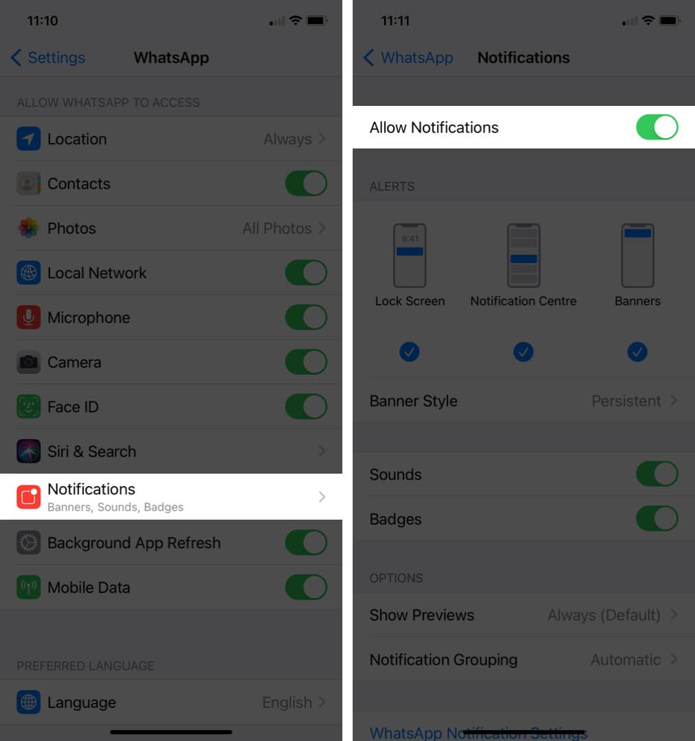 vérifier que les notifications d'autorisation sont activées dans les paramètres de WhatsApp sur iPhone