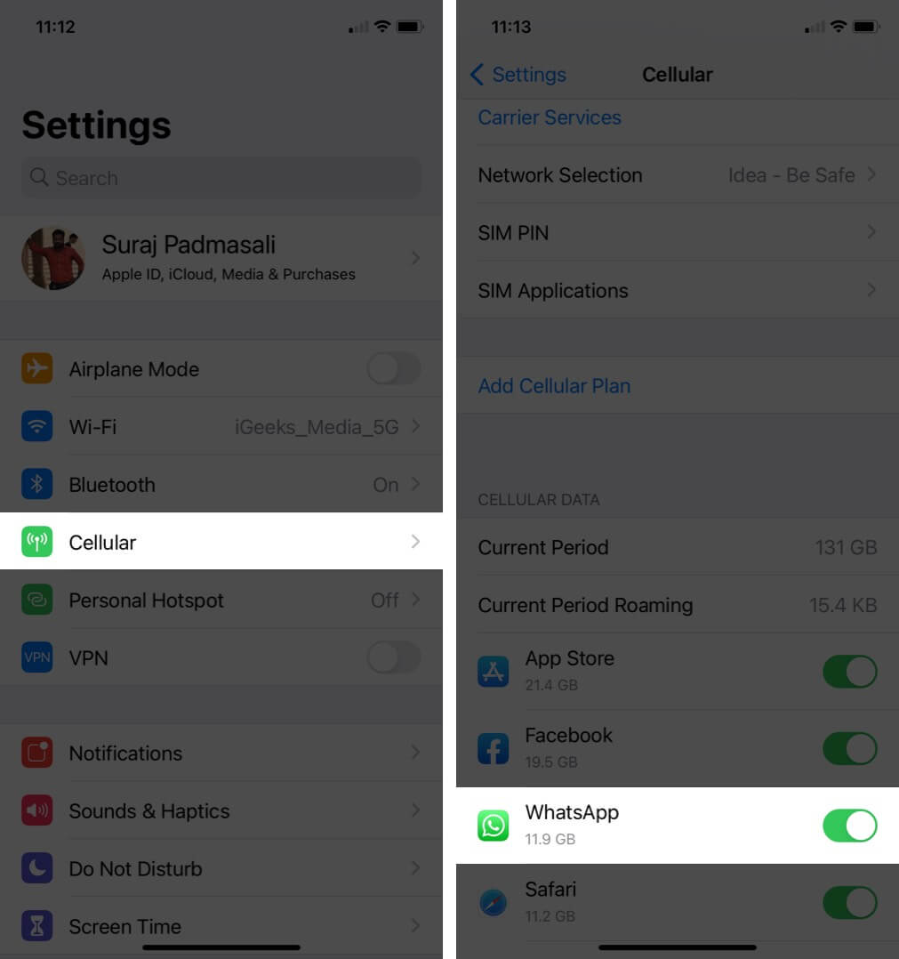 appuyez sur cellulaire et vérifiez que les données mobiles sont activées pour WhatsApp sur iphone