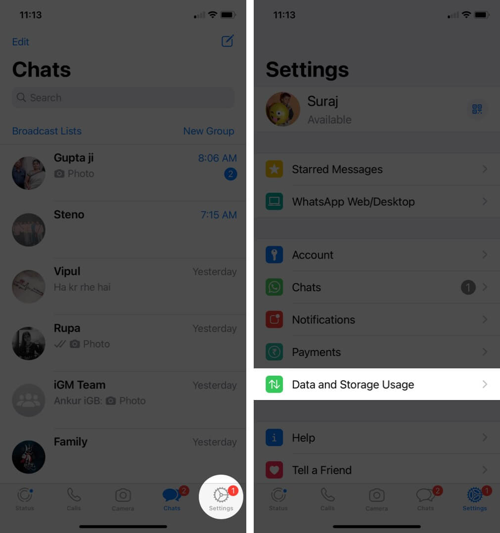 appuyez sur les paramètres puis appuyez sur les données et l'utilisation du stockage dans WhatsApp sur iphone