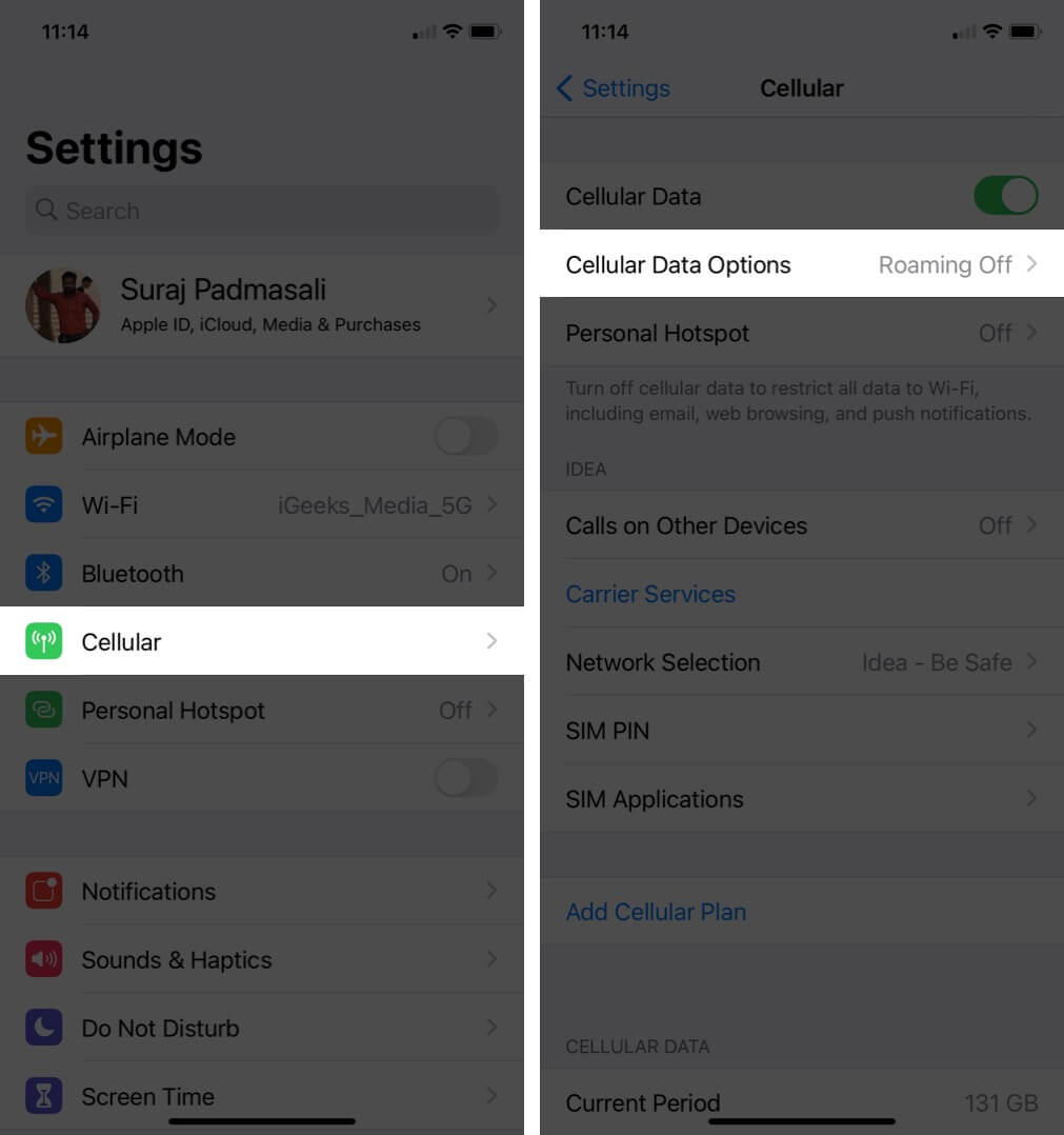 appuyez sur cellulaire, puis sur l'option de données cellulaires sur iphone