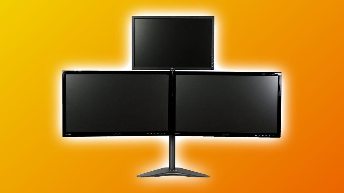 Support autoportant triple moniteur VIVO sur fond orange