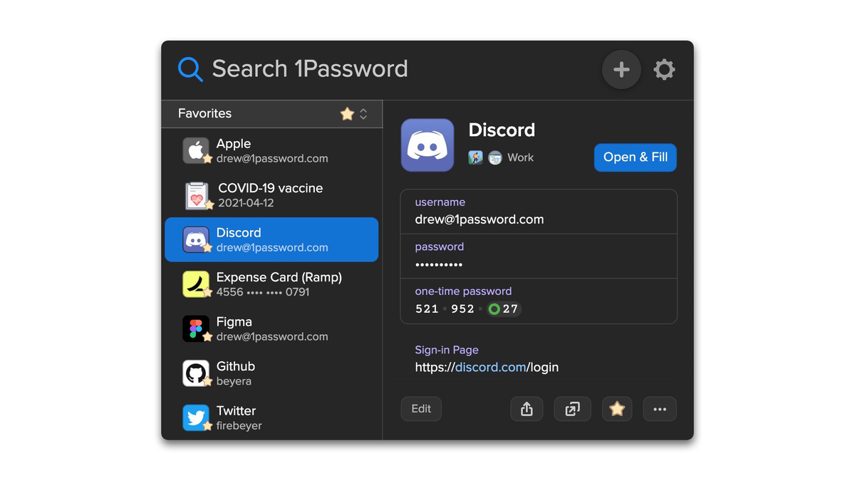 L'extension de navigateur 1Password en mode sombre.