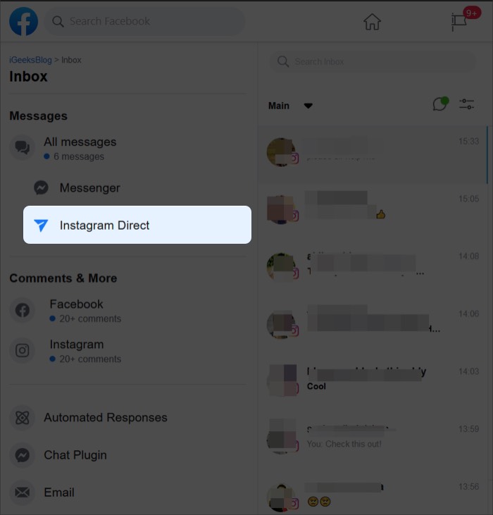 récupérer les messages Instagram supprimés du compte Facebook connecté