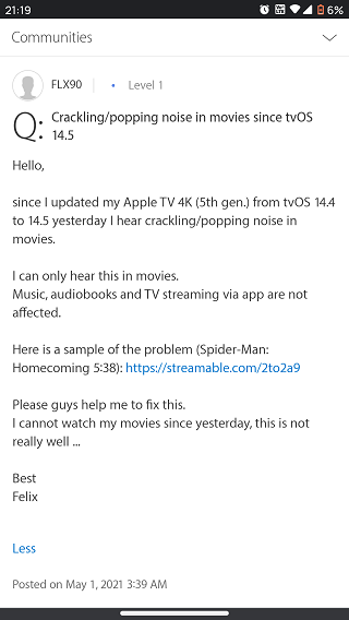 tvOS-14.5-crackling-popping-sound-issue