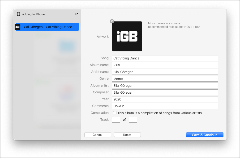 Fichier audio avec métadonnées modifiées dans WALTR PRO