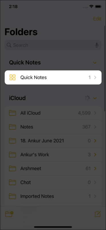 Notes rapides sur iPhone sous iOS 15