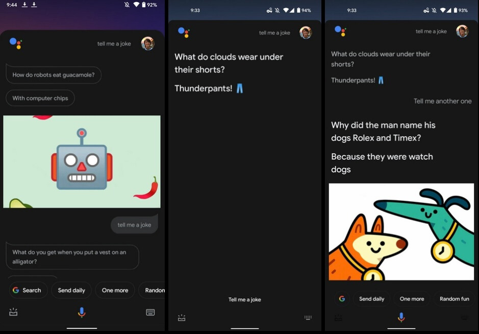 À gauche, l'ancien aspect avec des bulles de dialogue. Au centre et à droite, l'apparence mise à jour avec du texte plus grand et en gras-l'Assistant Google pour remplacer les bulles de dialogue et le petit texte par de grands caractères en gras