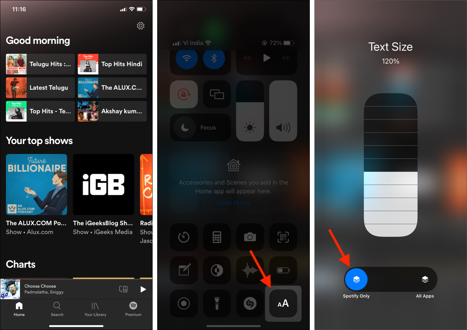 Ouvrir l'application apporter Control Center appuyez sur AA appuyez sur le nom de l'application et faites glisser le curseur de taille du texte vers le haut