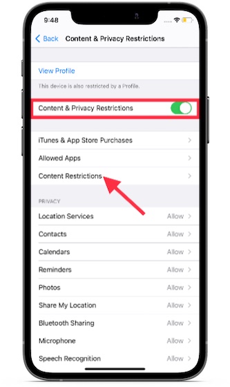 Appuyez sur Restrictions de contenu-Comment bloquer des sites Web dans Safari sur iPhone et Mac