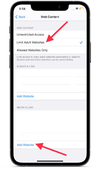 Appuyez sur ajouter un site Web-Comment bloquer des sites Web dans Safari sur iPhone et Mac