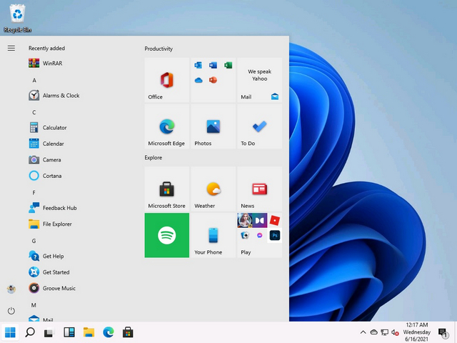 menu de démarrage de Windows 10 avec barre des tâches de gauche