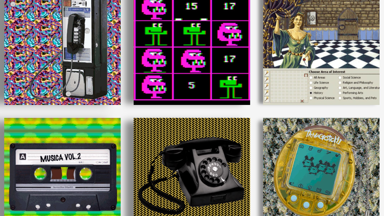 Photo d'un téléphone public, d'une cassette, de Tamagotchi et d'autres jeux vidéo et technologies d'époque