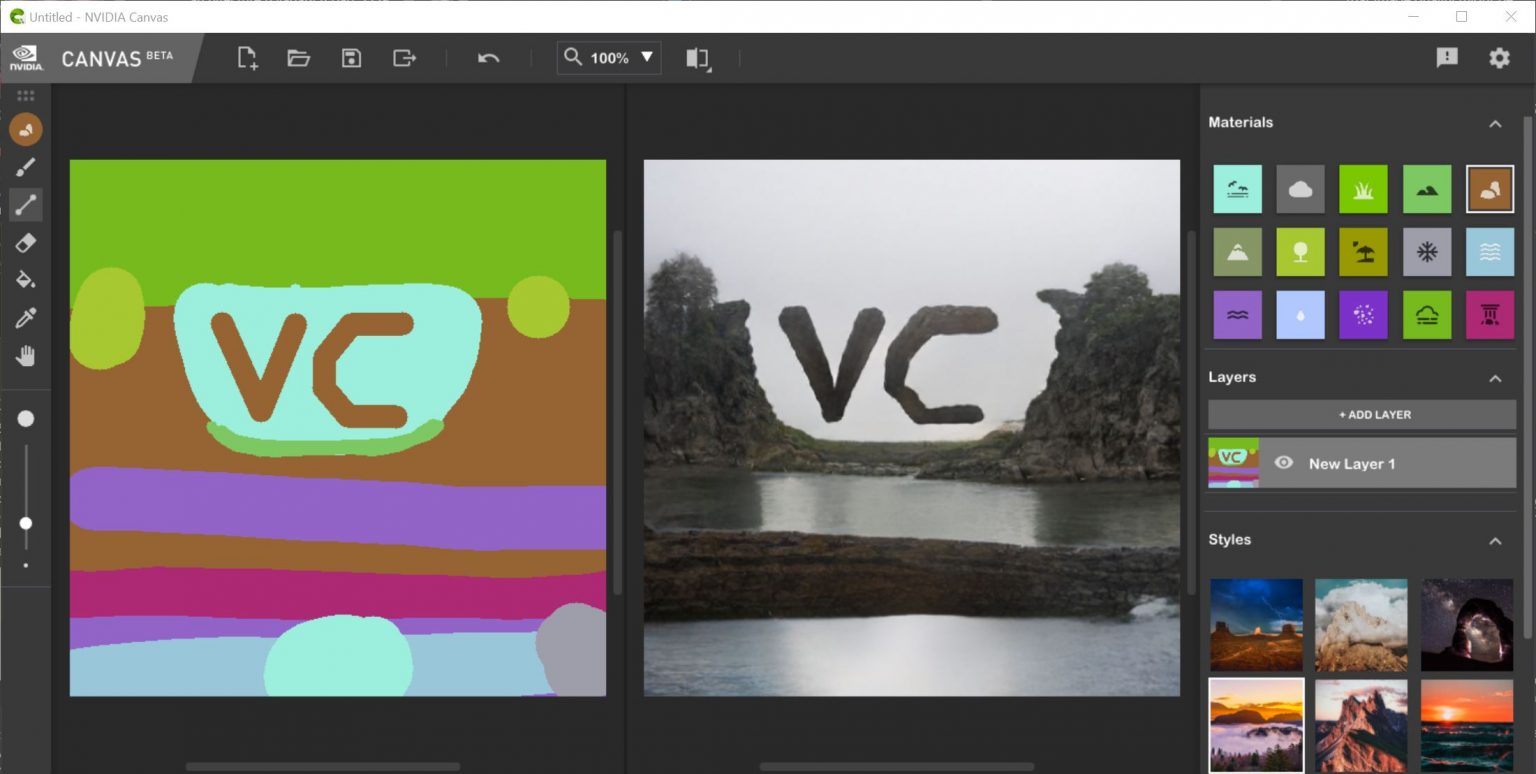 L'application NVIDIA Canvas transformant de simples coups de pinceau en