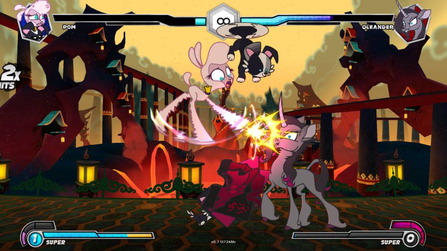 Oleander, a unicorn, is being kicked in the face by Pom, a lamb, in one of the best fighting games: Thems Fighting Herds.