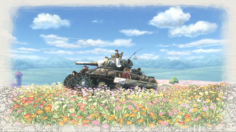 Conduire un char à travers une prairie dans l'un des meilleurs jeux de chars, Valkyria Chronicles
