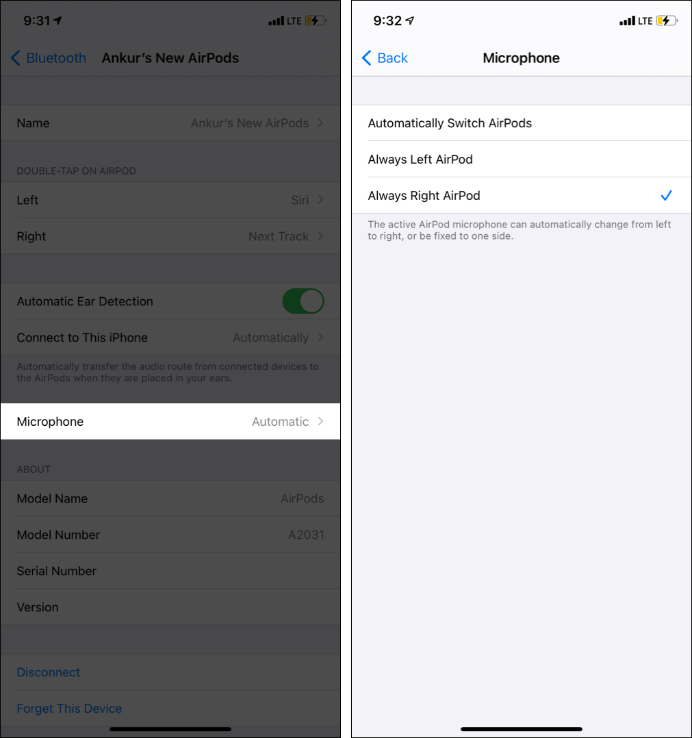 Pilih antara mikrofon AirPod kiri atau kanan