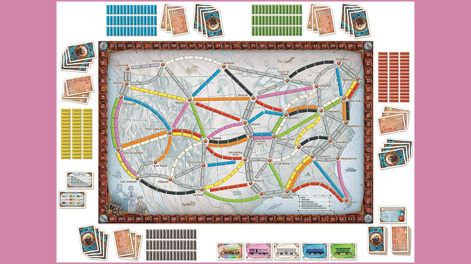 Ticket to Ride board game dengan spidol dan kartu kereta api