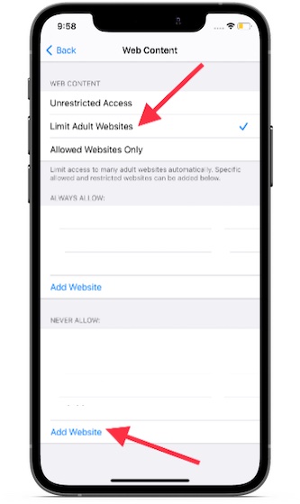 Ketuk pada tambah situs web-Cara Memblokir Situs Web di Safari di iPhone dan Mac
