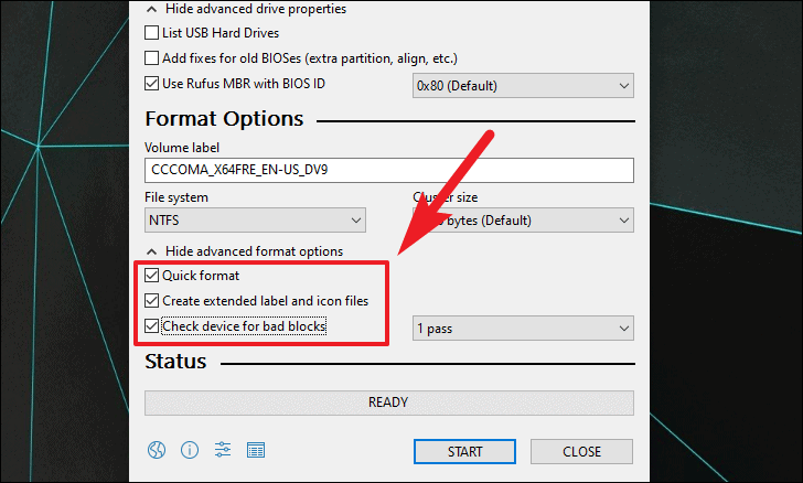 periksa opsi lanjutan untuk memformat drive USB untuk windows 11