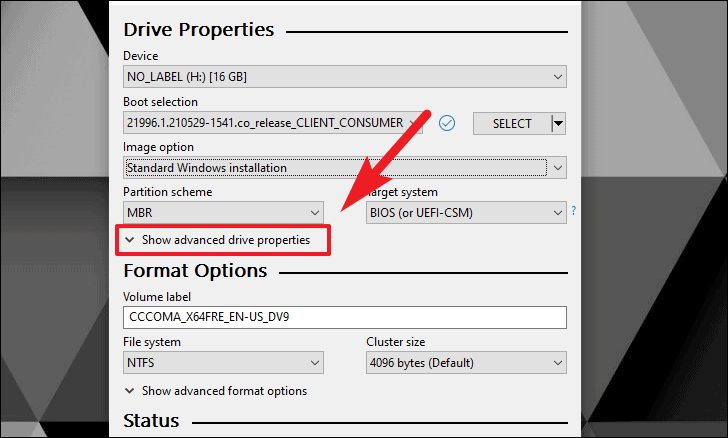 Tampilkan properti drive lanjutan untuk Membuat Drive USB Windows 11