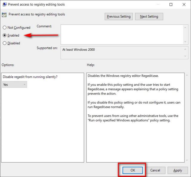 Nonaktifkan Registry Editor di Windows 10 Menggunakan Kebijakan Grup