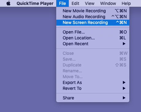 Buka QuickTime Player, klik File dan pilih Perekaman Layar Baru