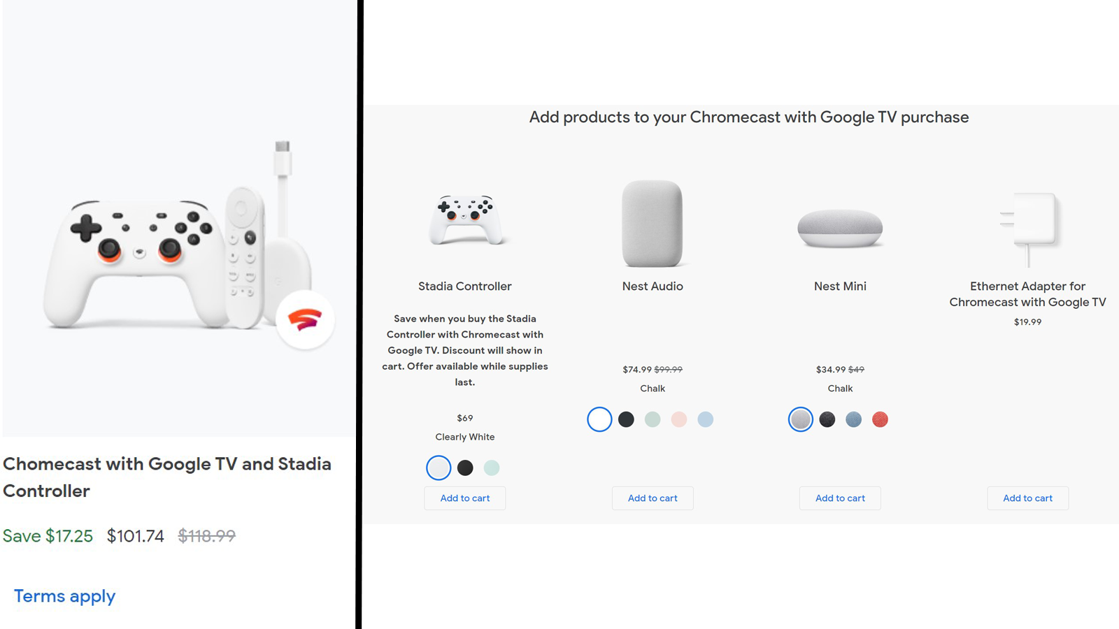 Chromecast dengan Google TV dan pengontrol Stadia yang ditampilkan dengan Nest Audio dan Mini serta Adaptor Ethernet.