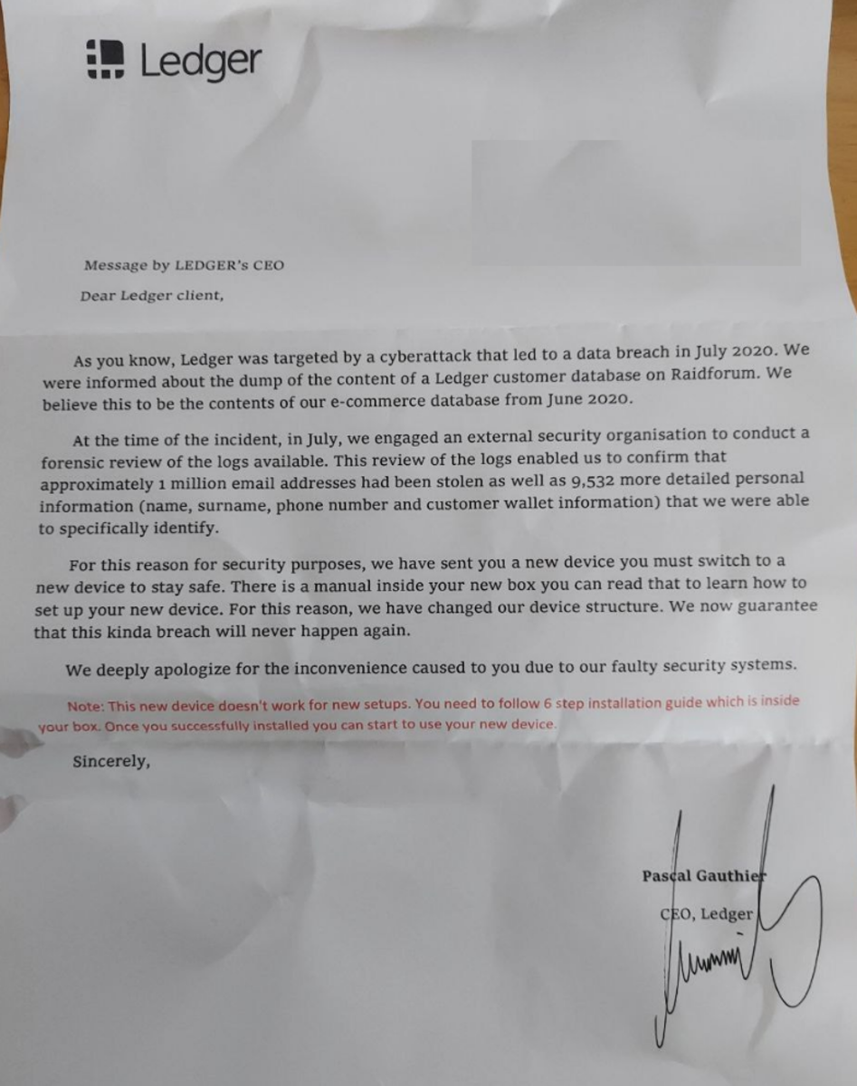 Surat penipuan dengan tanda tangan palsu oleh CEO Ledger Pascal Gauthier. Sumber: Reddit.