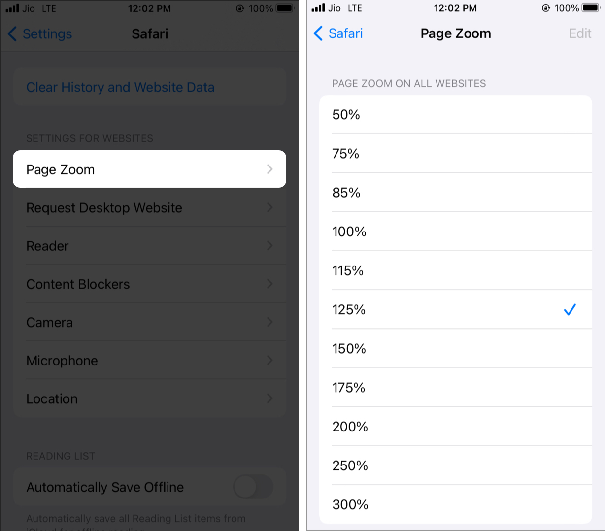 Zoom Halaman Pengaturan untuk situs web di Safari di iOS 15