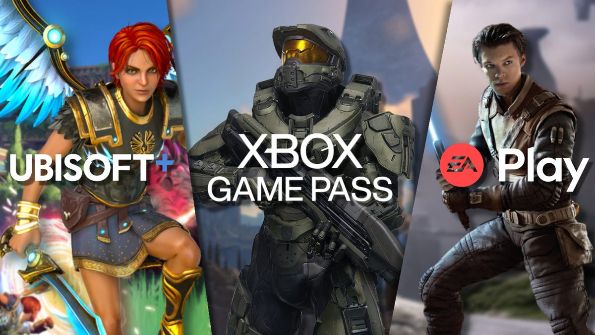 Ubisoft+, Xbox Game Pass, dan EA Mainkan logo dan game dalam kolase
