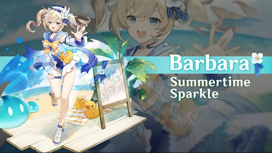 genshin-impact-outfits-skins-costumes-barbara Barbara memakainya pakaian musim panas di samping beberapa bebek karet