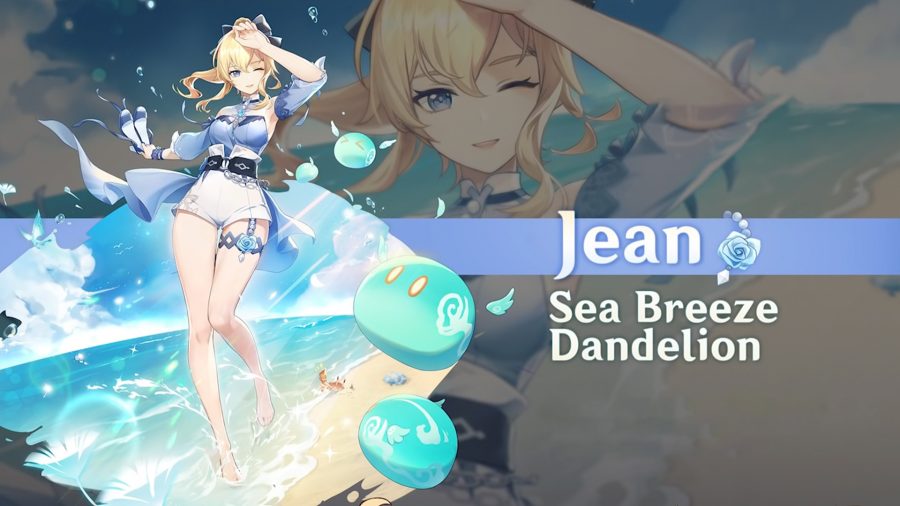 genshin-impact-outfits-skins-costumes-jean Jean berdiri di pantai mengenakan pakaian musim panasnya