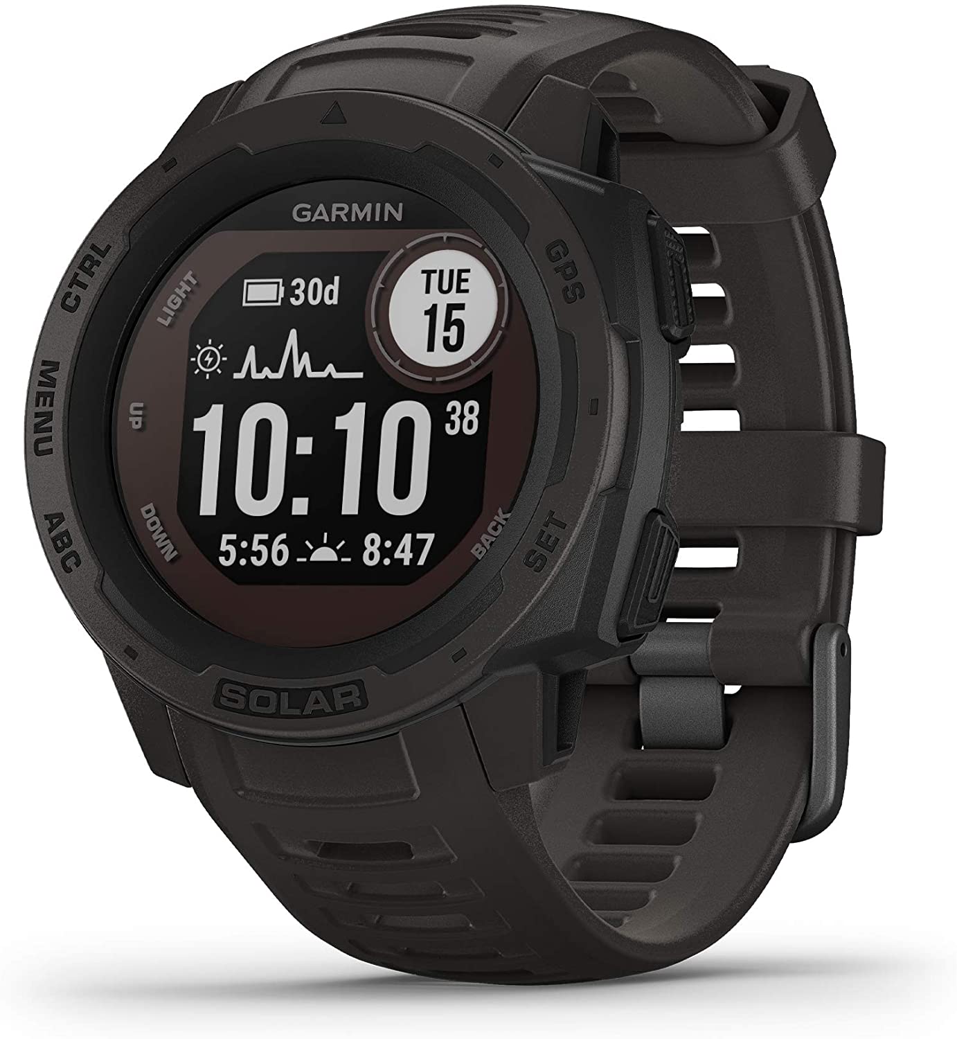 Garmin Instinct Solar, Smartwatch Luar Ruang Bertenaga Surya, Aplikasi Olahraga Built-in dan Pemantauan Kesehatan, Grafit
