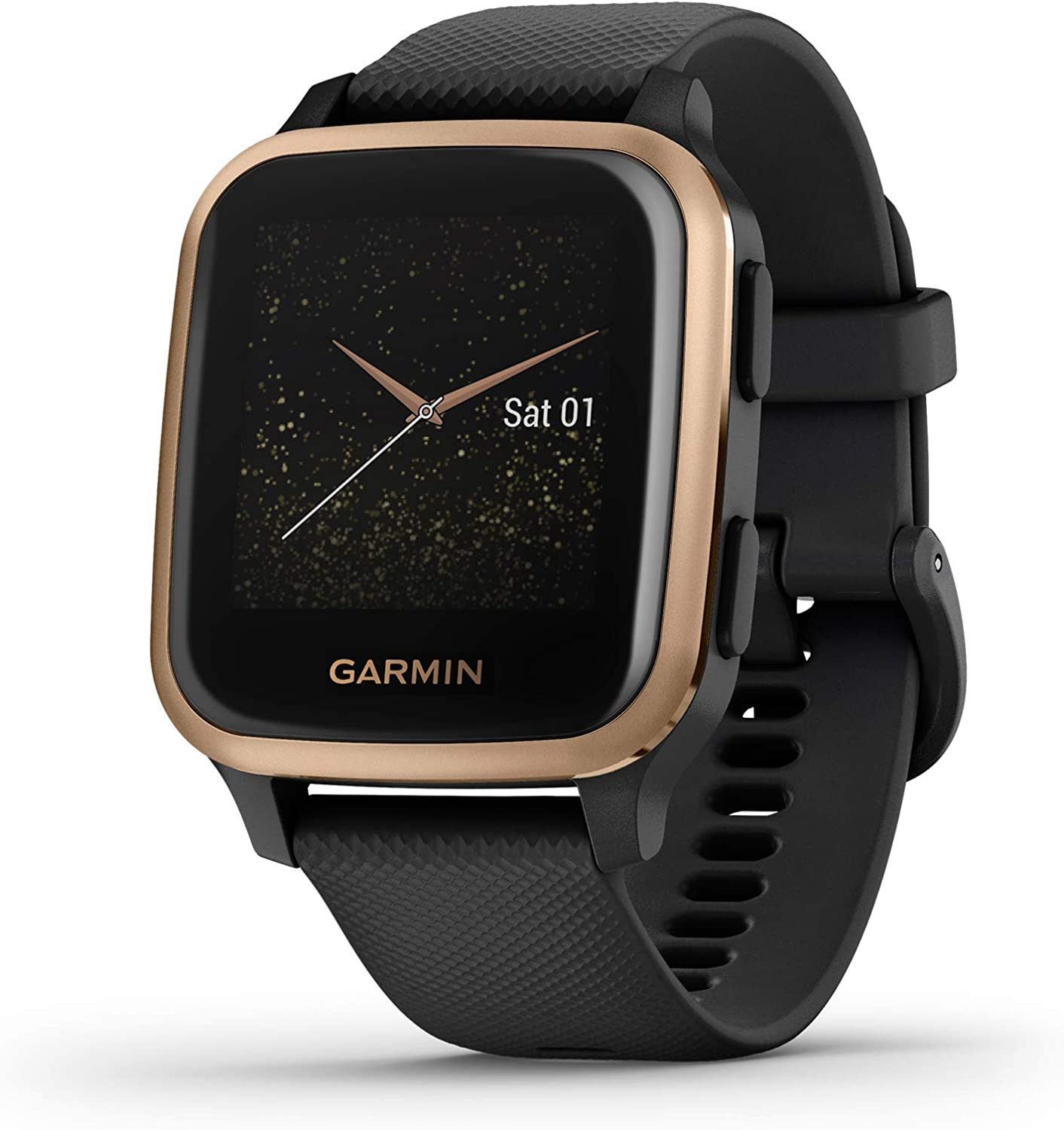 Garmin Venu Sq Music, GPS Smartwatch dengan Tampilan Layar Sentuh Terang, Menampilkan Musik dan Lebih Tinggi hingga 6 Hari Masa Pakai Baterai, Hitam dan Emas Mawar