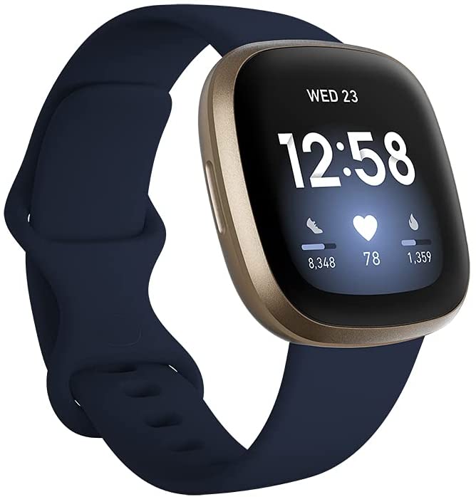 Fitbit Versa 3 Smartwatch Kesehatan & Kebugaran dengan GPS, Jantung 24/7 Tingkat, Alexa Built-in, Baterai 6+ Hari, Biru/Emas Tengah Malam, Satu Ukuran (Termasuk Band S & L