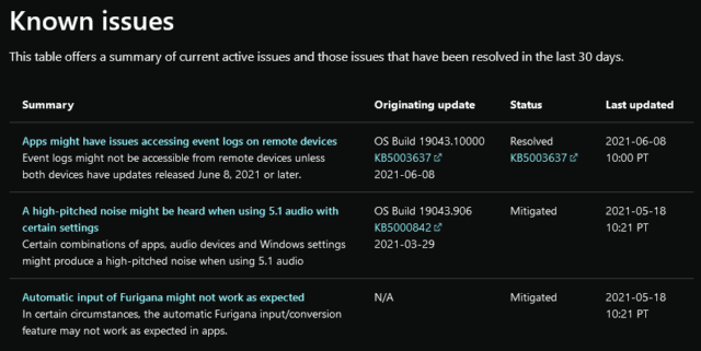 windows-21h1-known issues