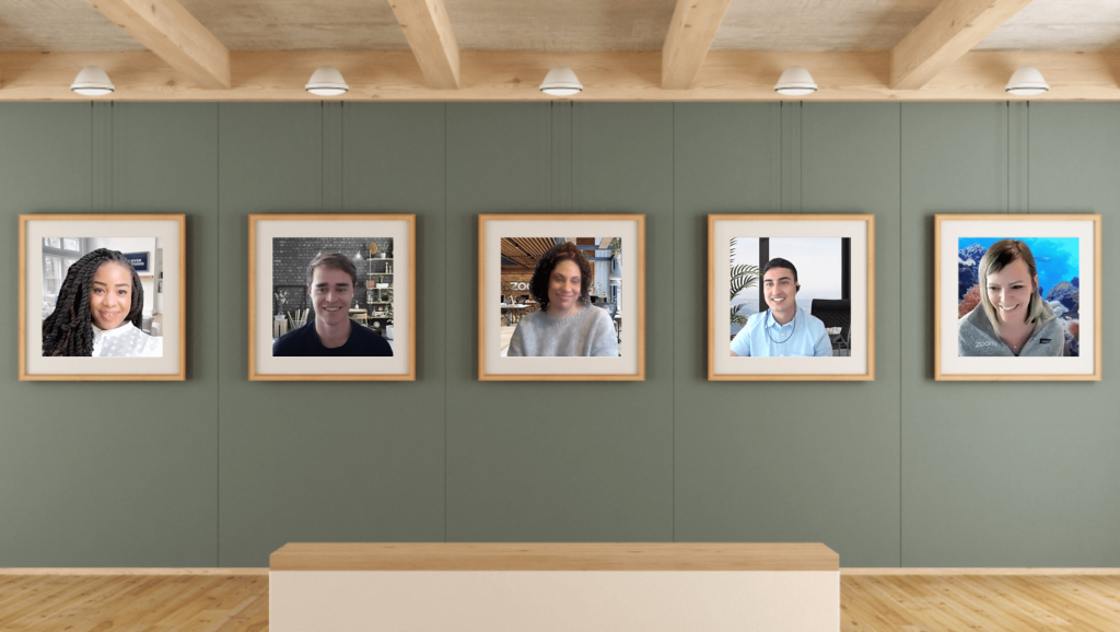 Zoom's Immersive View che mostra cinque partecipanti alla riunione in una singola scena virtuale