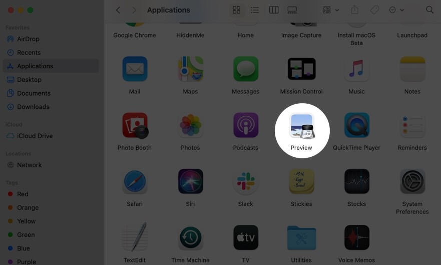 apri l'app di anteprima dalle applicazioni su Mac