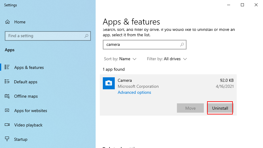 Windows 10 shows how to uninstall the Camera app