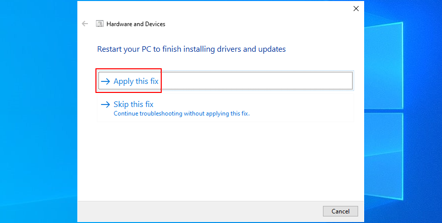 Windows shows how to apply the Hardware and Devices troubleshooter fixes