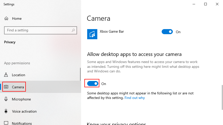 Windows 10 mostra come consentire alle app desktop di accedere alla fotocamera