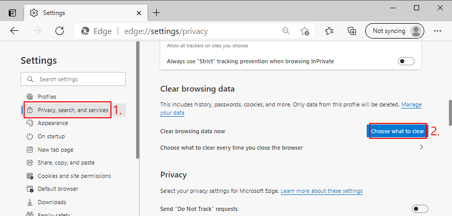 Microsoft Edge mostra come accedere all'opzione Cancella dati di navigazione