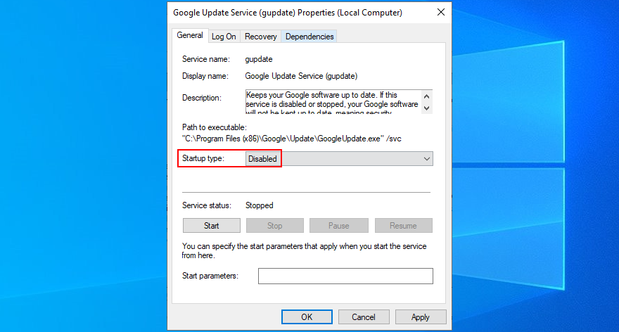 come disabilitare Google Update Service (gupdate)